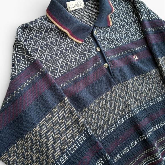 VTG Arnold Palmer Men’s Medium Knit Polo Sweater Navy Geometric Grandpa Core - Picture 4 of 9